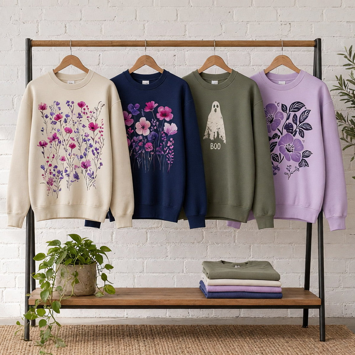 Four printed crewneck sweatshirts on wooden hangers on a wood and iron clothing rack against a sunlit white brick wall