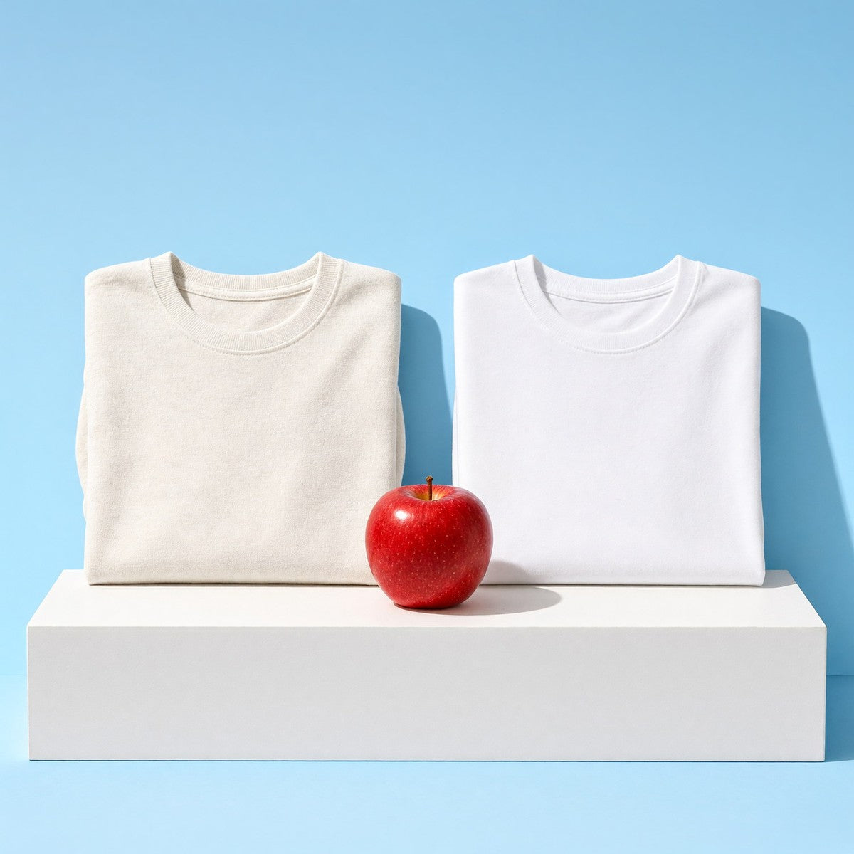Two folded plain t-shirts side by side on a white block, one heavier ivory and one lighter white, with a red apple, against a sky-blue backdrop