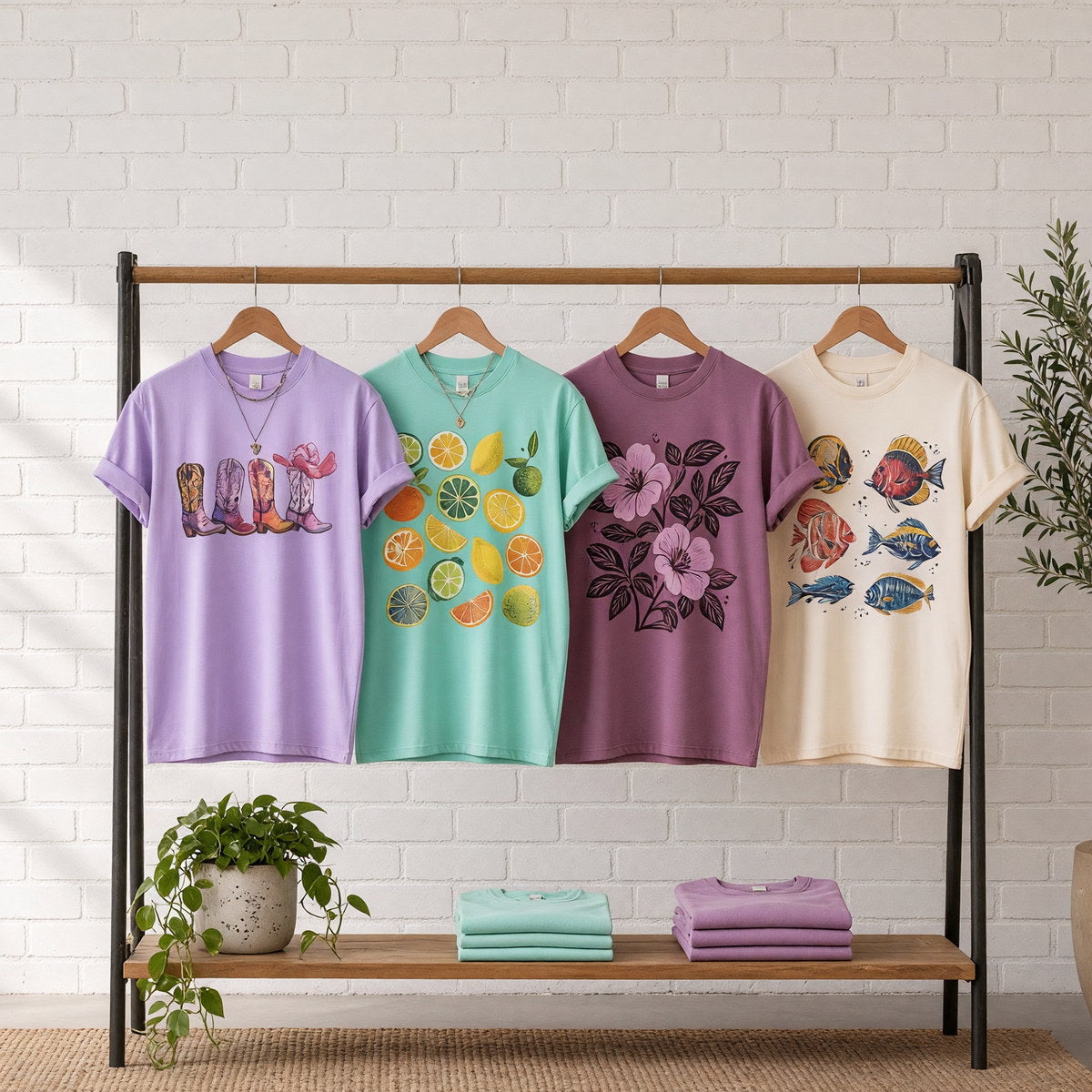 Four printed t-shirts on wooden hangers on a wood and iron clothing rack against a sunlit white brick wall, empty wall above the rack