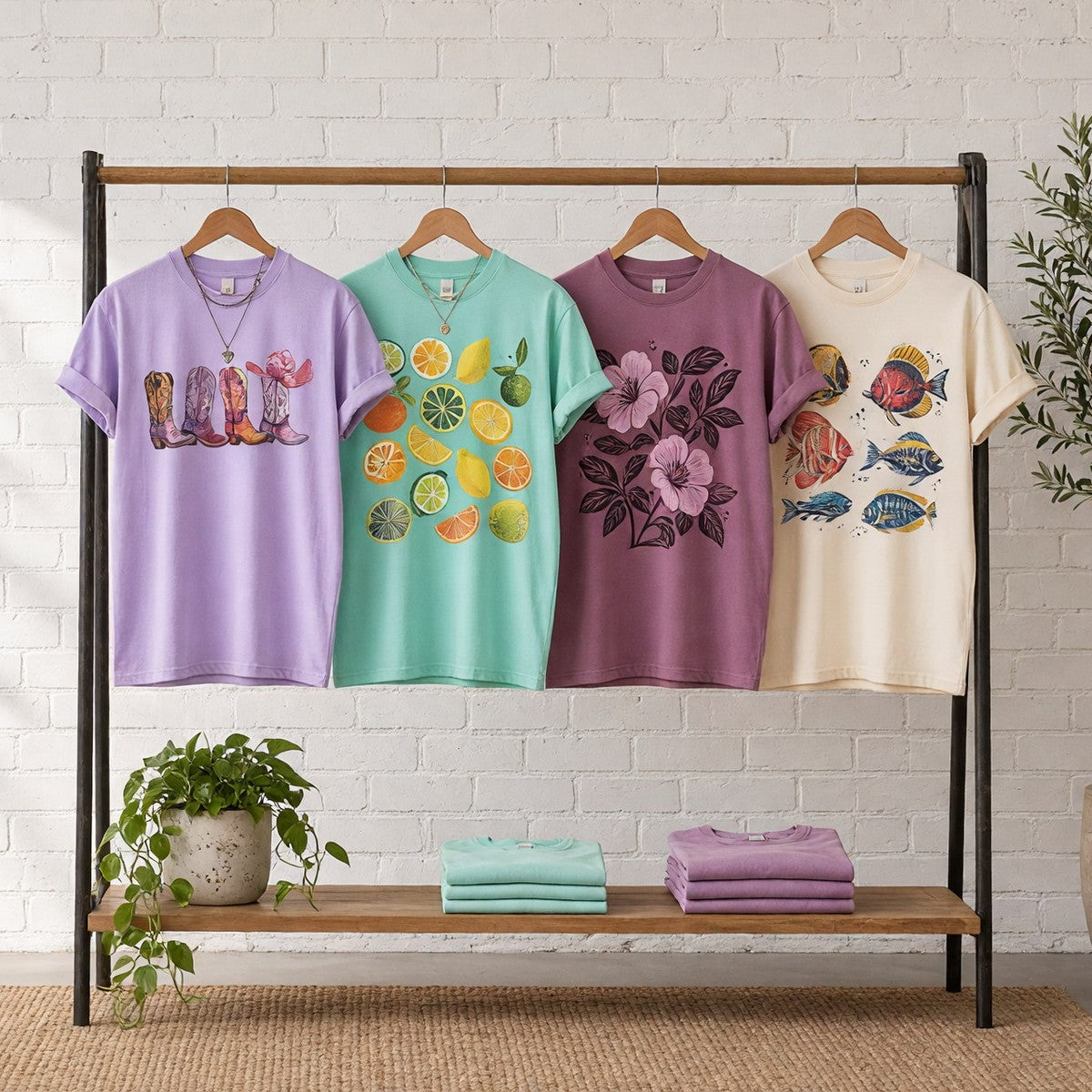 Four printed cotton t-shirts on wooden hangers on a wood and iron clothing rack against a sunlit white brick wall