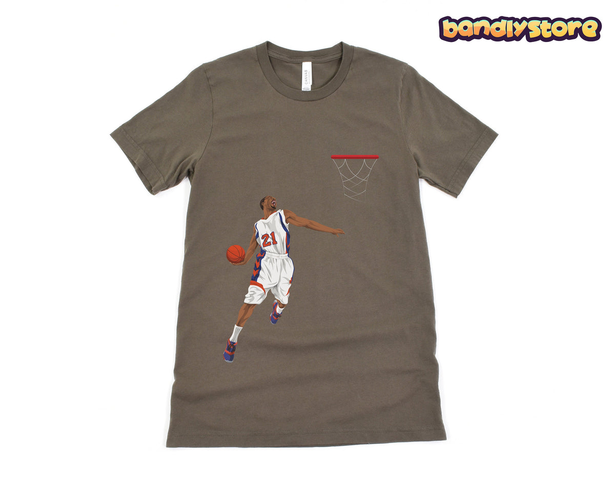 Basketball Slam Dunk T-Shirt in Army front view on white background with dunking player and hoop.