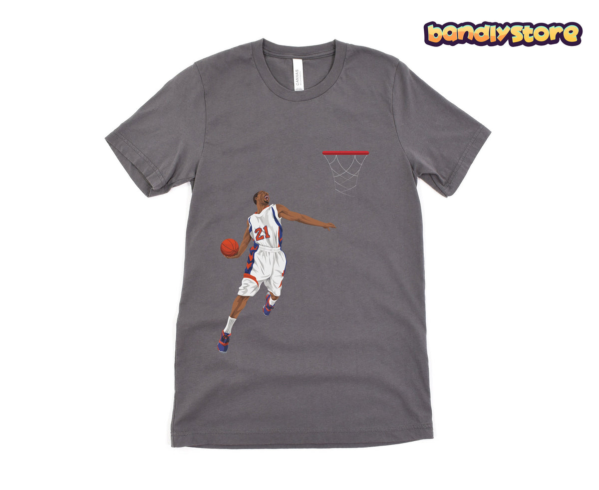 Basketball Slam Dunk T-Shirt in dark grey laid flat front view on plain white background.