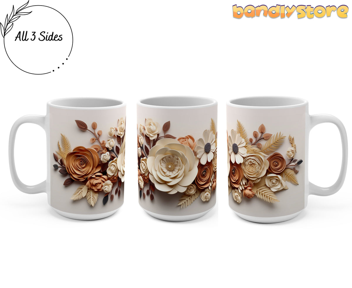 Beige Floral 3D Paper Art Mug shown in three side-by-side views on white background, 15oz.