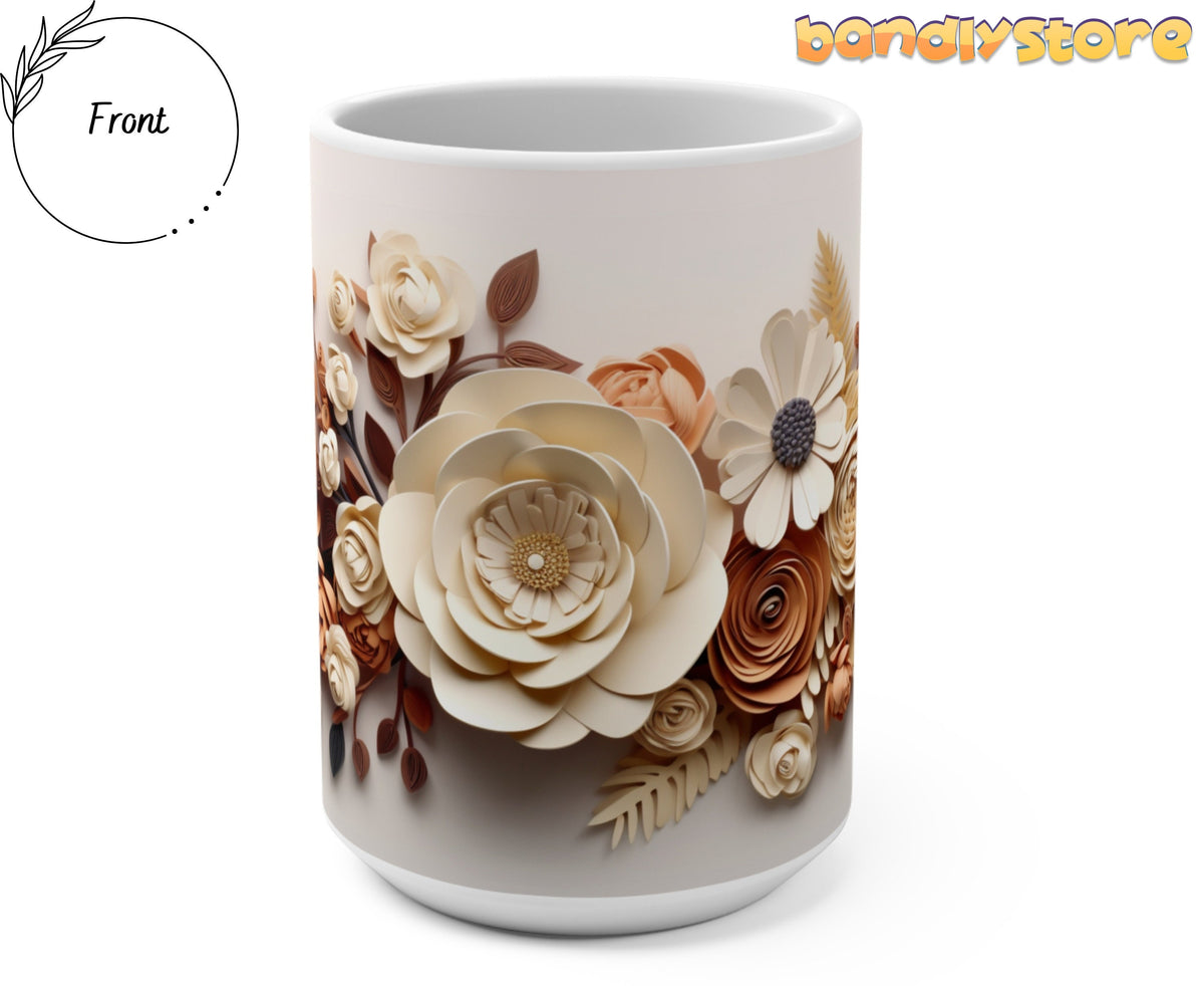 Beige Floral 3D Paper Art Mug front view on plain white background with Front label.