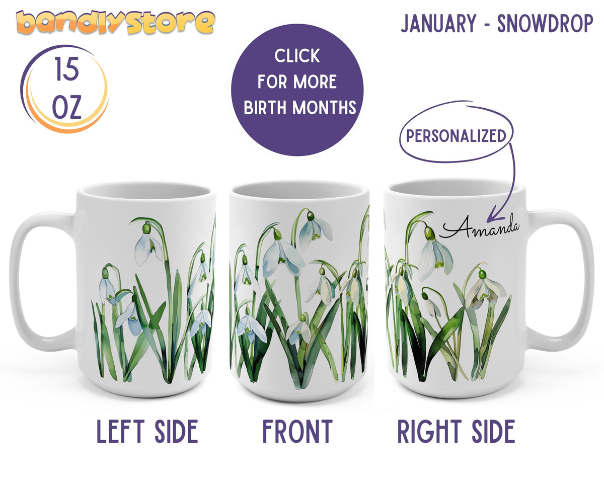 Personalized Birth Month Flower Mug shown from left, front and right sides on a plain white background, 15 oz.