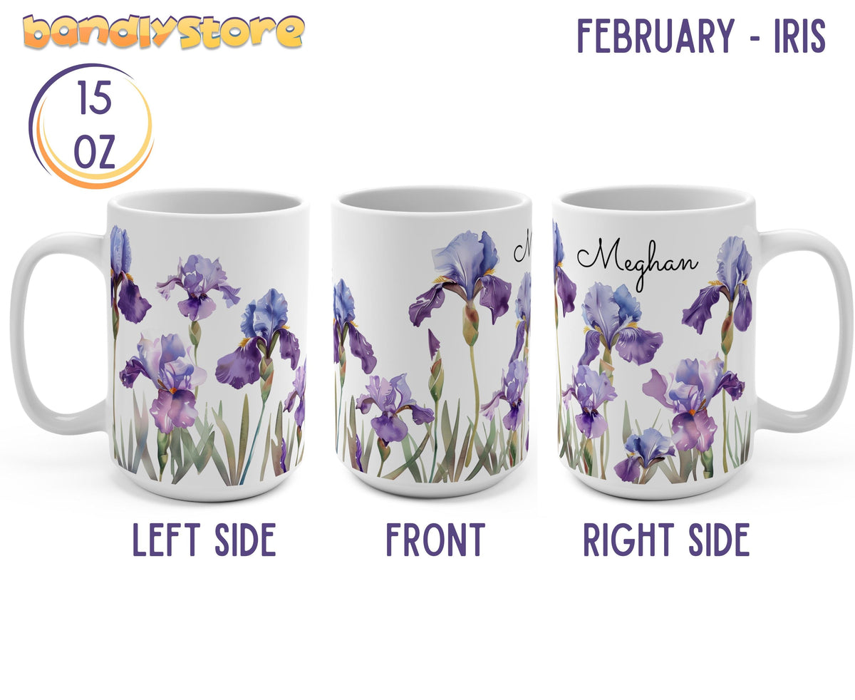 Personalized Birth Month Flower Mug displayed in left side, front and right side views on a white background, 15 oz.