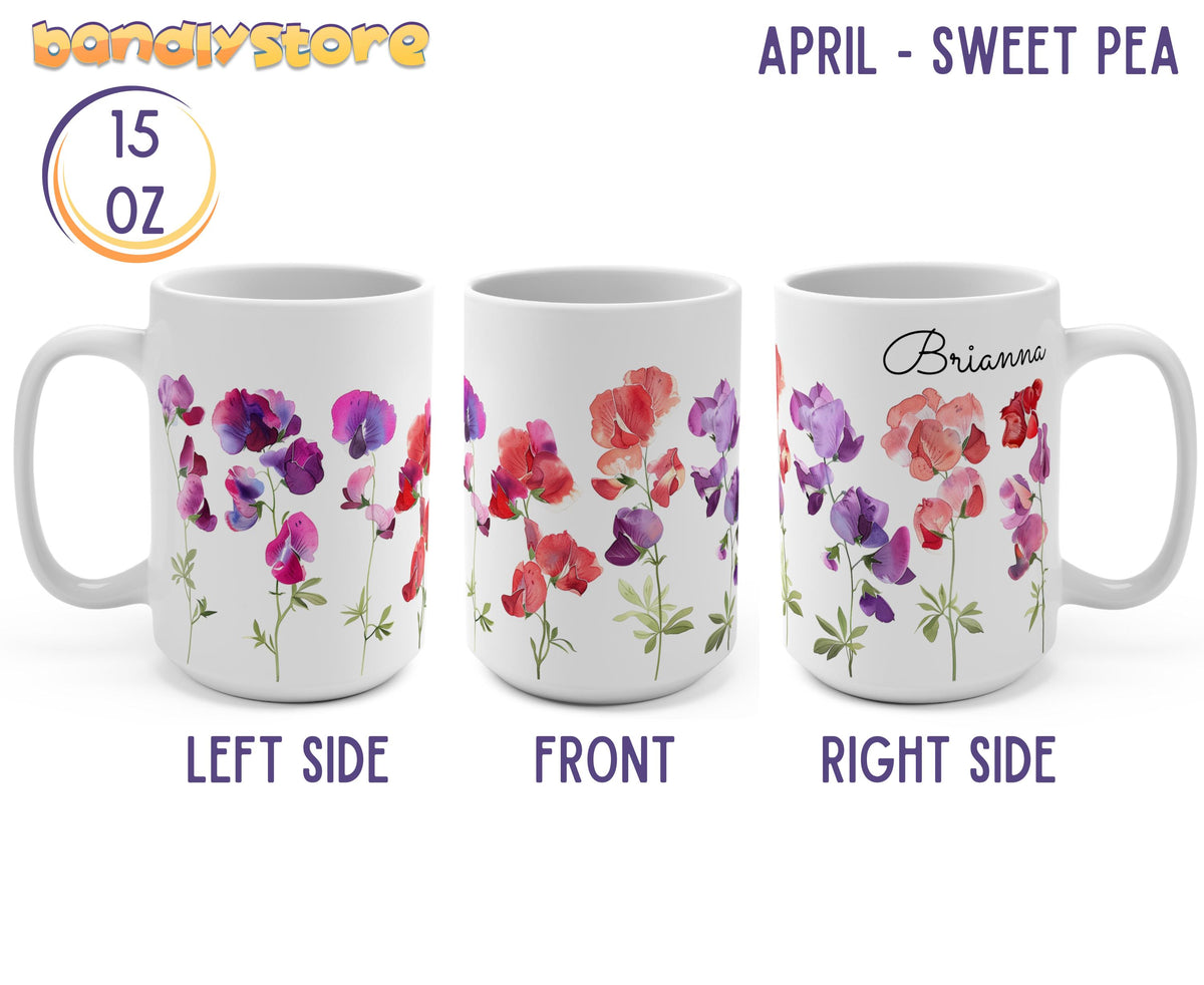 Personalized Birth Month Flower Mug three views on white background showing left front and right of the 15 oz mug.