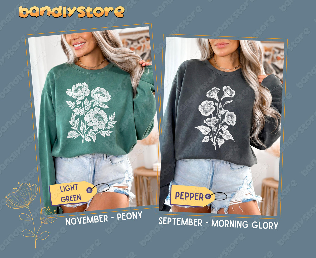 July Larkspur Birth Flower Sweatshirt front view on models in light green and pepper with denim shorts indoors.