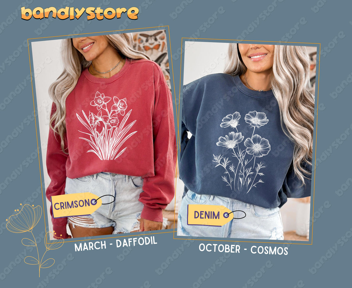 July Larkspur Birth Flower Sweatshirt on two models in crimson and denim, front views with floral line art and jeans.