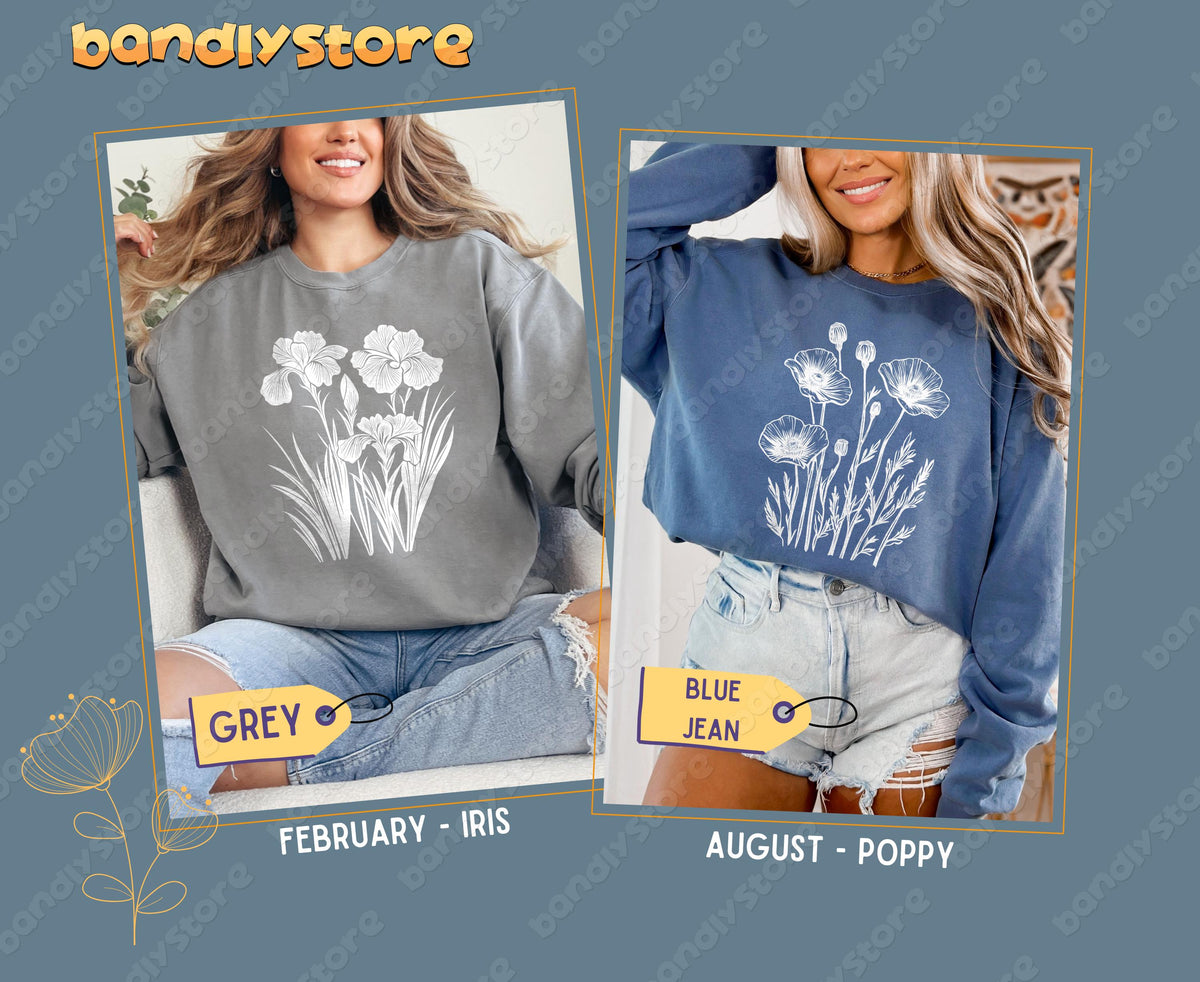 July Larkspur Birth Flower Sweatshirt in Blue Jean on a smiling model with long hair posing indoors beside another sweatshirt.