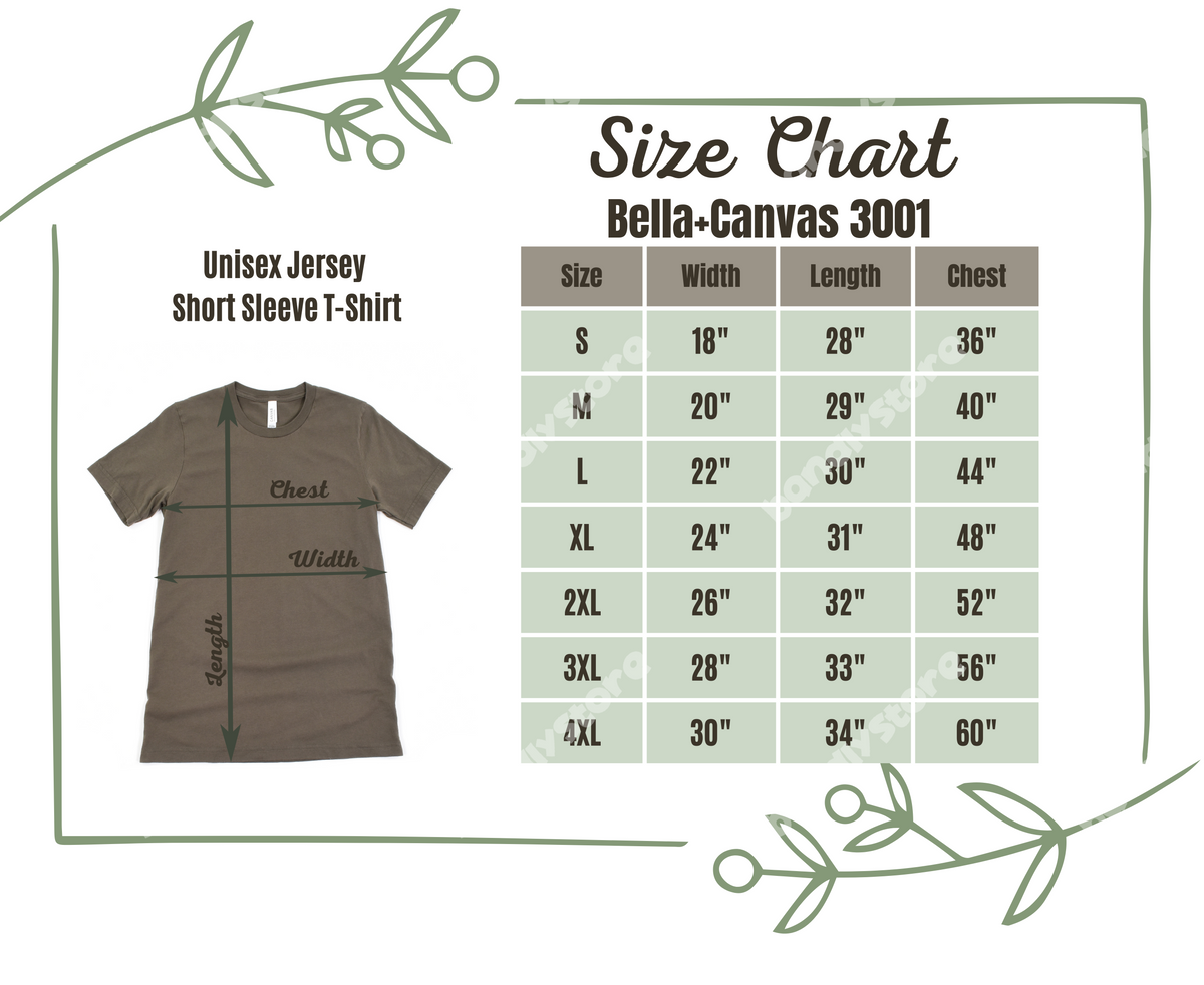 Bella+Canvas 3001 unisex jersey t-shirt size chart, S to 4XL: width 18 to 30 inches, length 28 to 34 inches, chest 36 to 60 inches