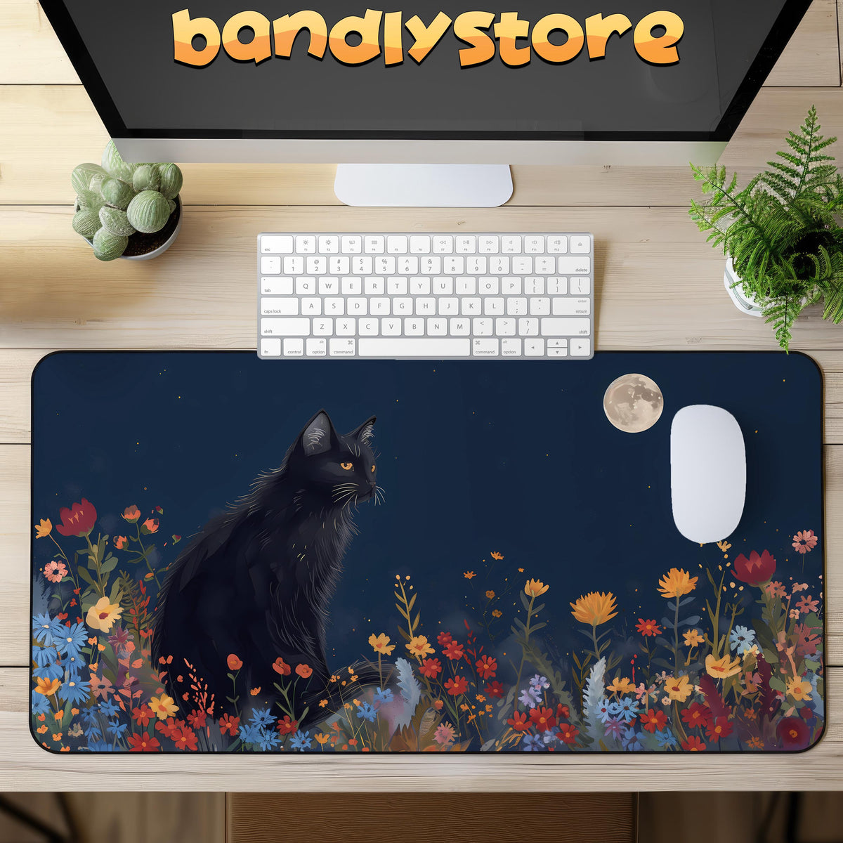 Black Cat And The Moon Desk Mat on a wooden desk with keyboard, mouse, monitor and plants in overhead view.