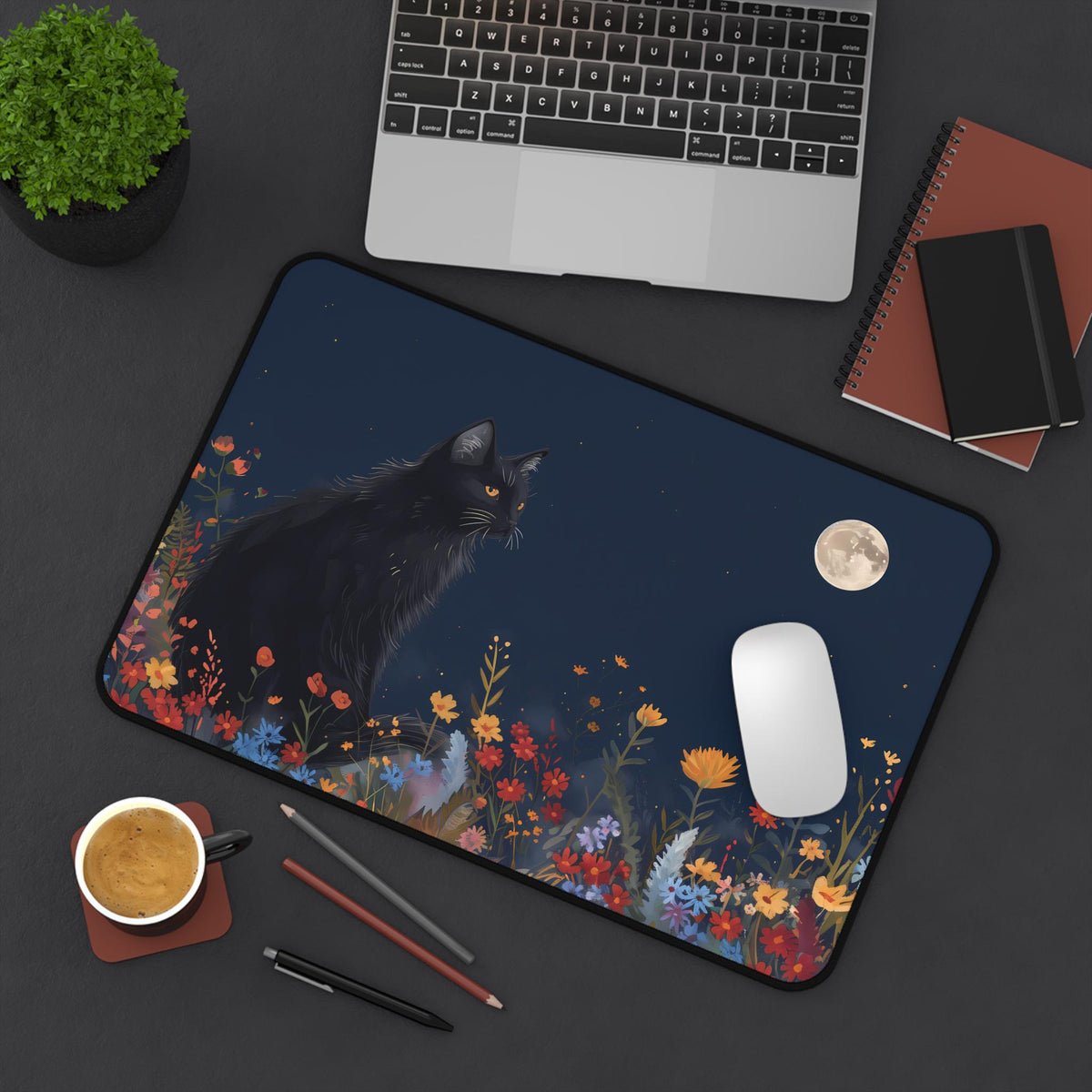 Black Cat And The Moon Desk Mat, 12 × 18 inches