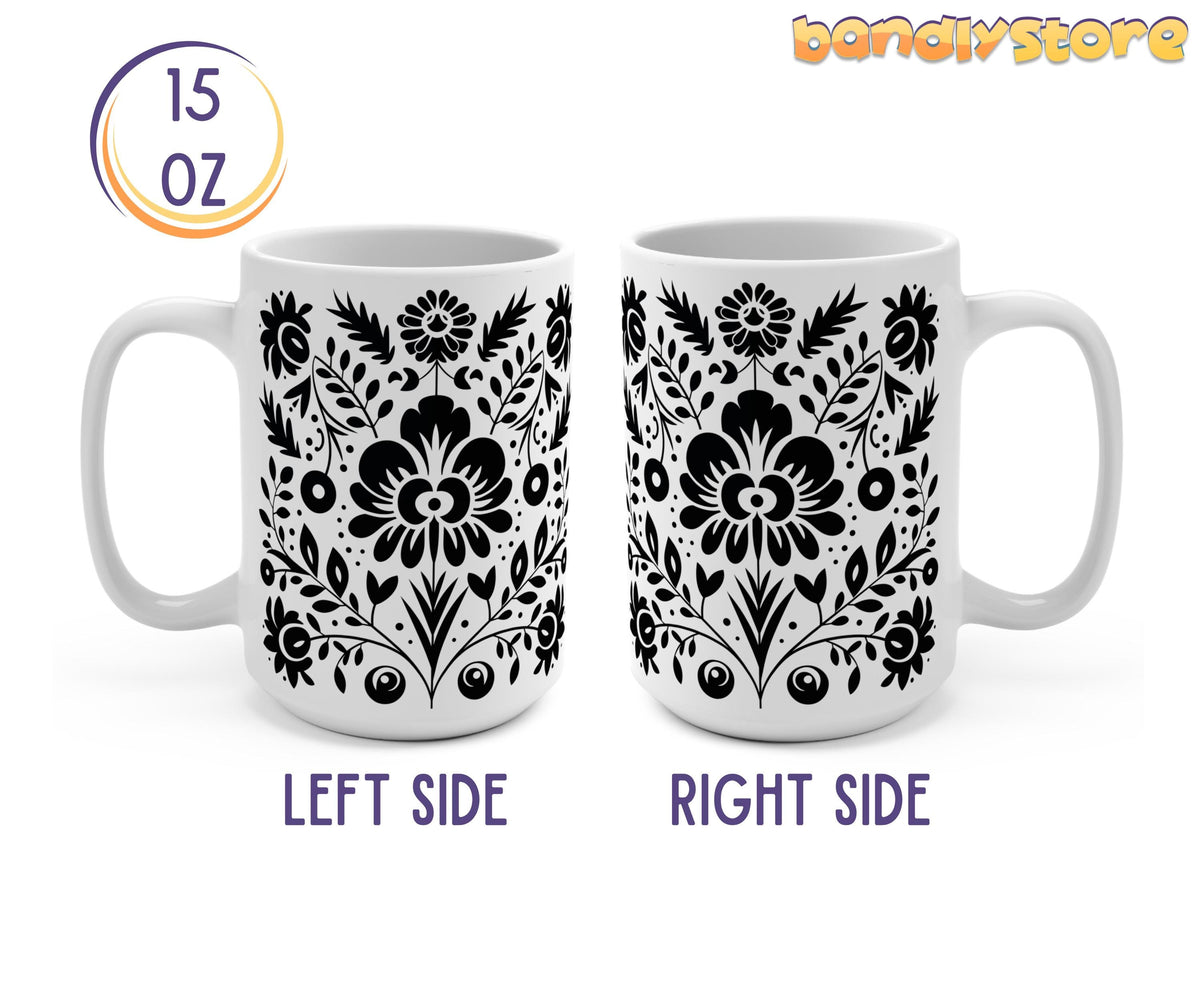 Black and White Floral Mug shown front-facing on left and right sides as a 15 oz white ceramic cup, 15oz