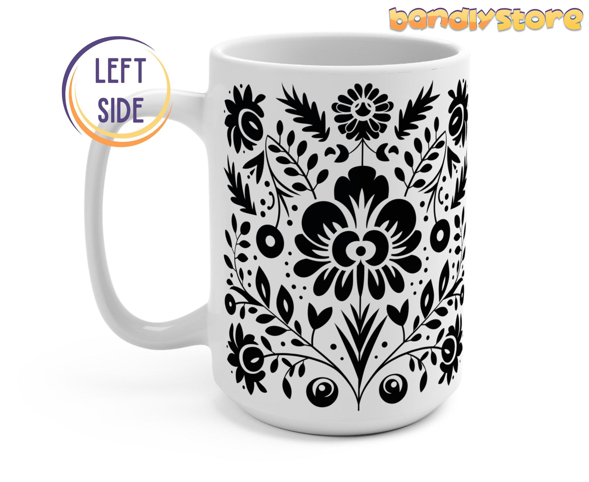 Black and White Floral Mug shown from left side on plain white background with handle visible.