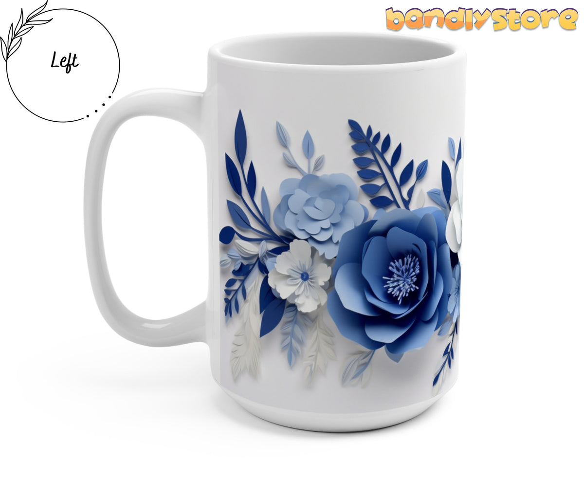 Blue Floral 3D Paper Art Mug shown from the left on a plain white background with handle visible.