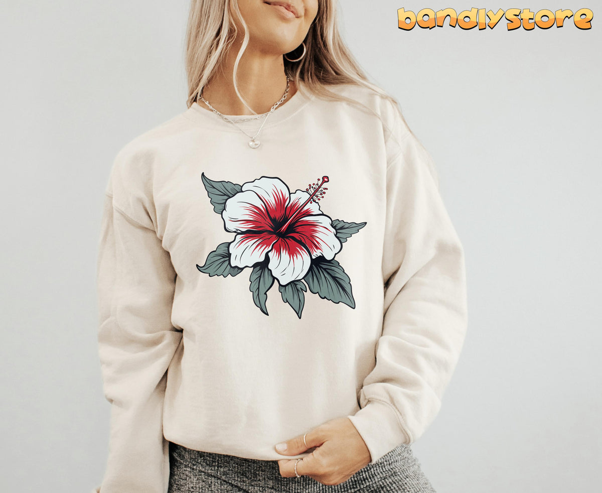 Boho Hibiscus Sweatshirt in sand on a model in front view against a plain light background.