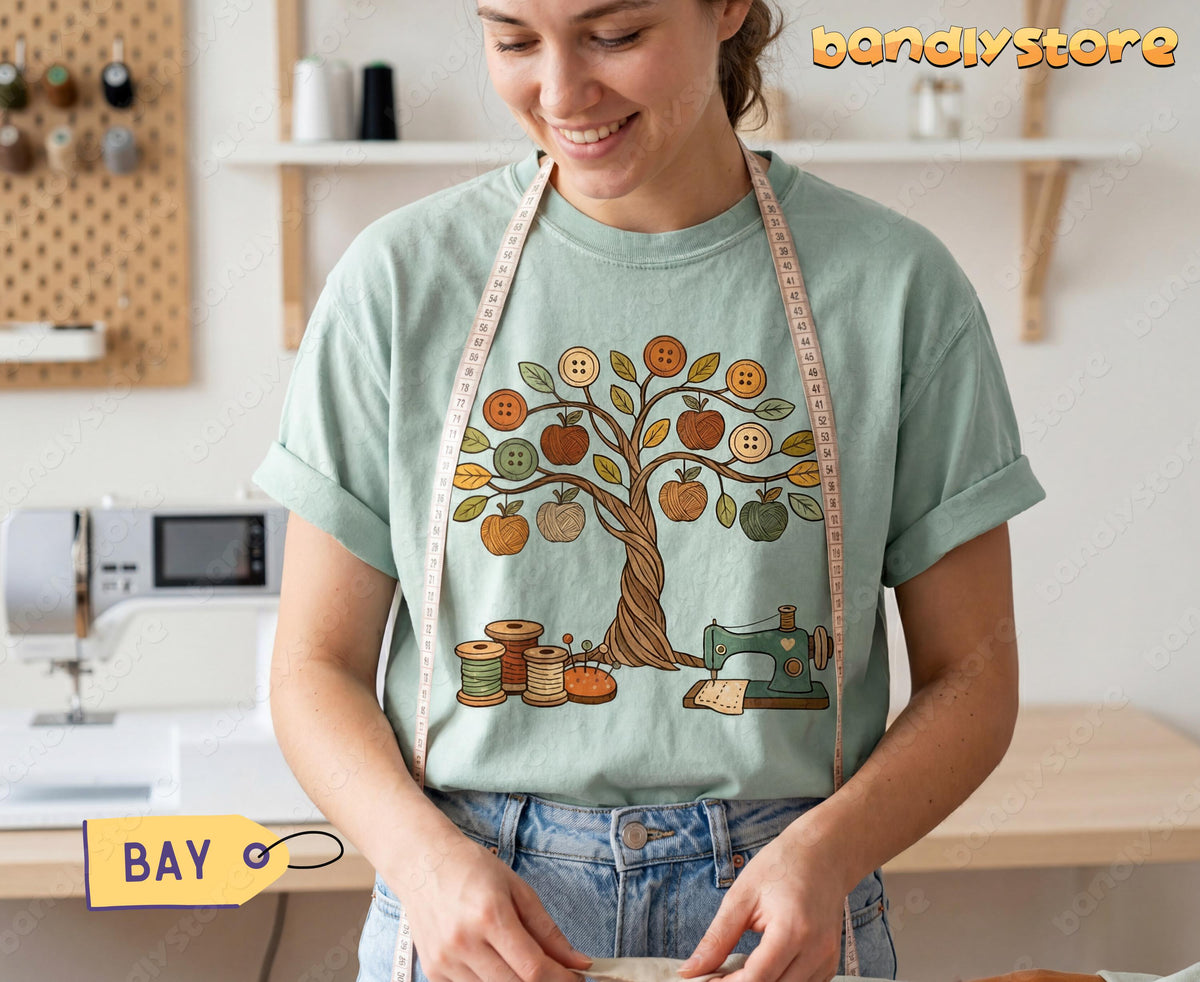 Boho Sewing T-Shirt on a woman in a sewing room, front view, measuring tape on, machine and spools nearby in Bay