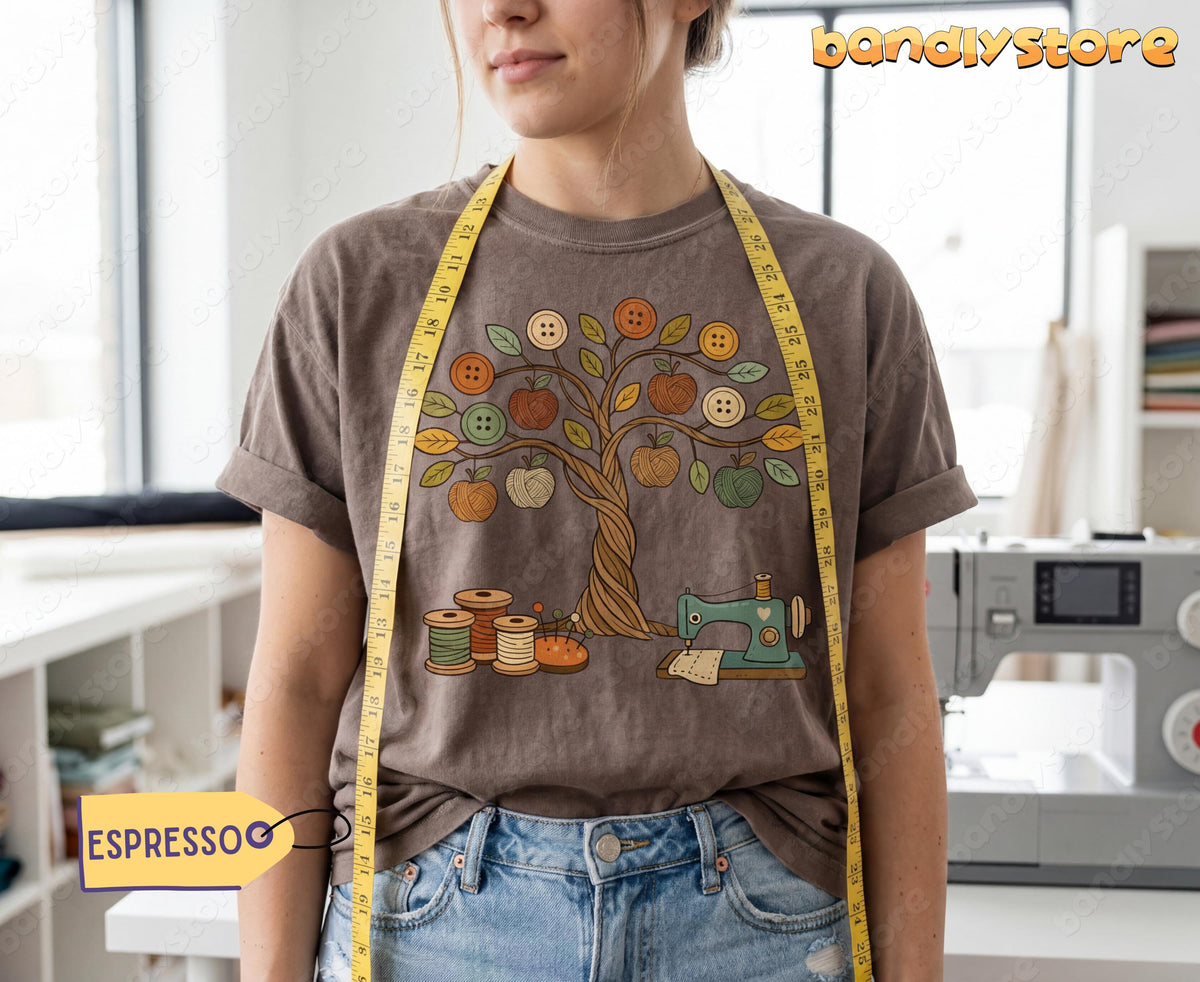 Boho Sewing T-Shirt in espresso front view on a person with measuring tape in a sewing room.