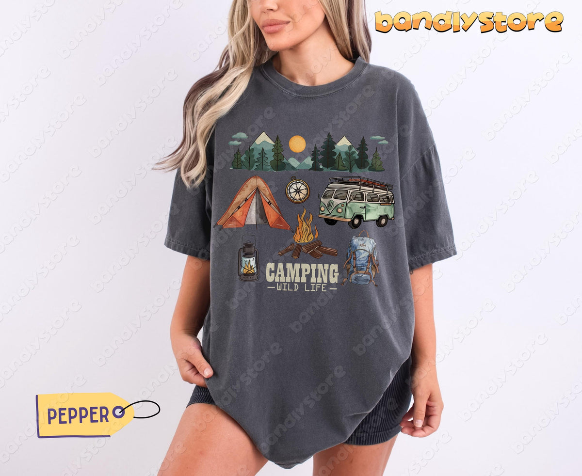 Happy Camper T-Shirt in Pepper on a model, front view, camping scene with tent, van, fire and mountains.