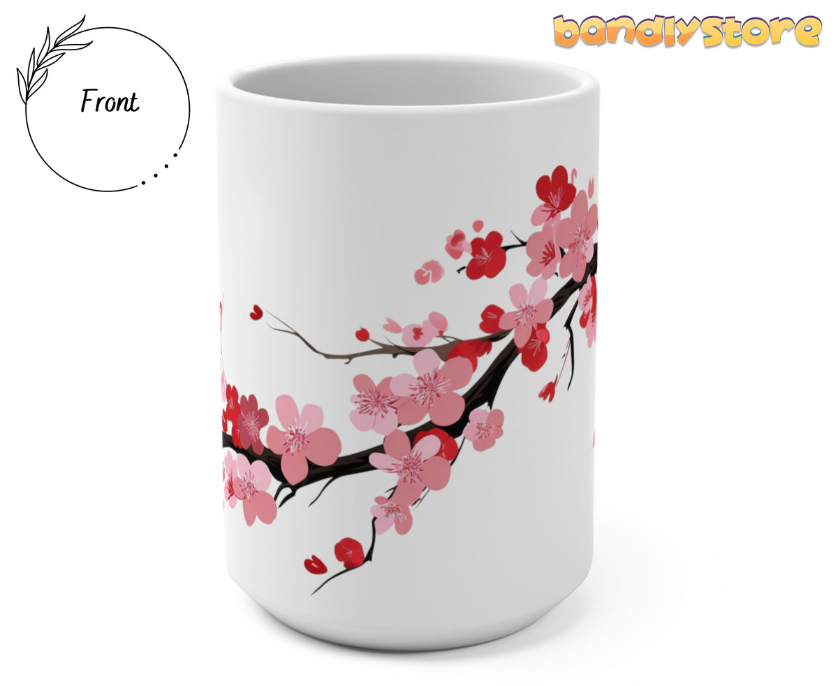 Cherry Blossom Mug facing forward on a plain white background beside a Front label and bandystore logo.