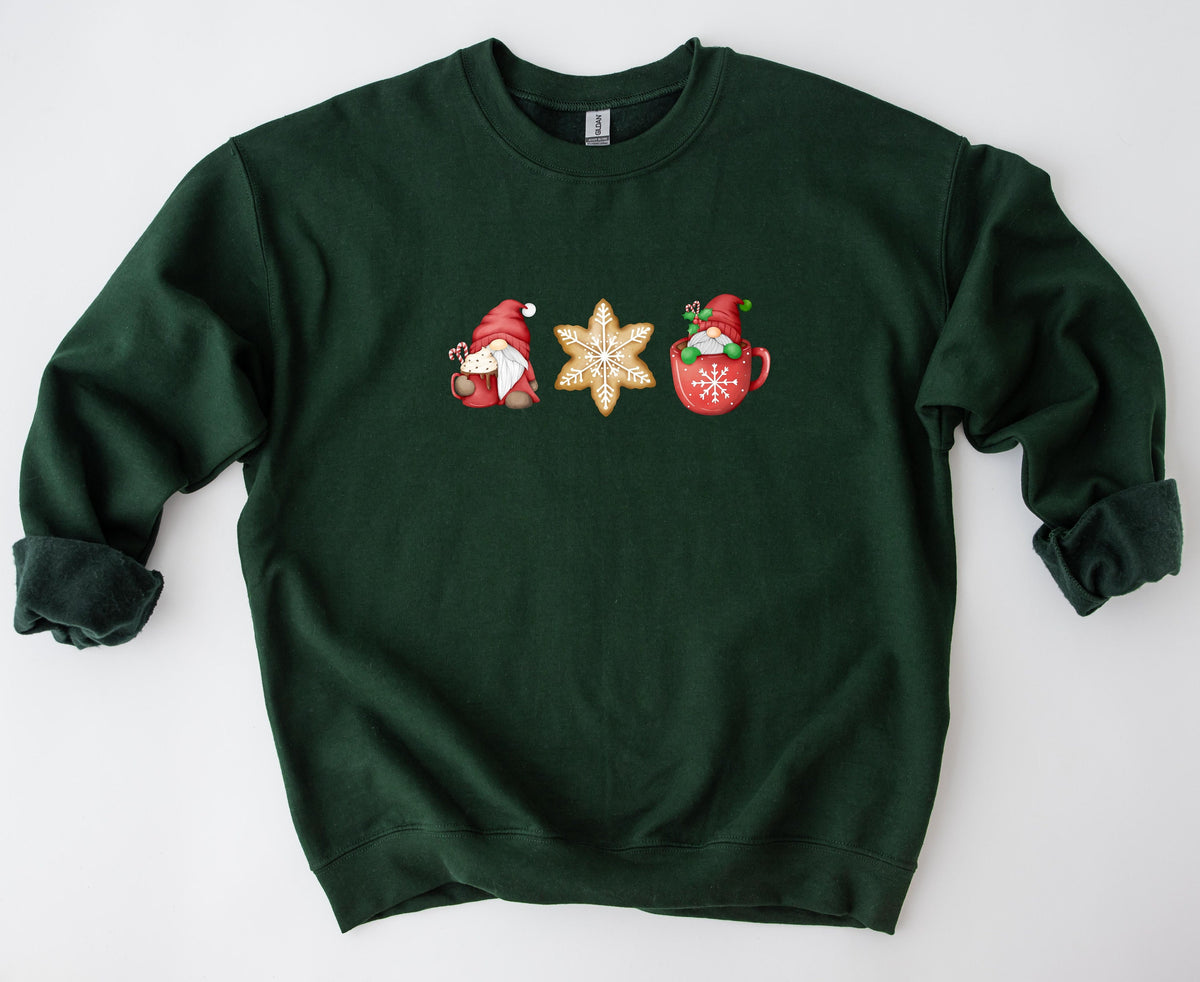 Christmas Gnomes Gingerbread Sweatshirt in Forest Green laid flat on a white background, front view.