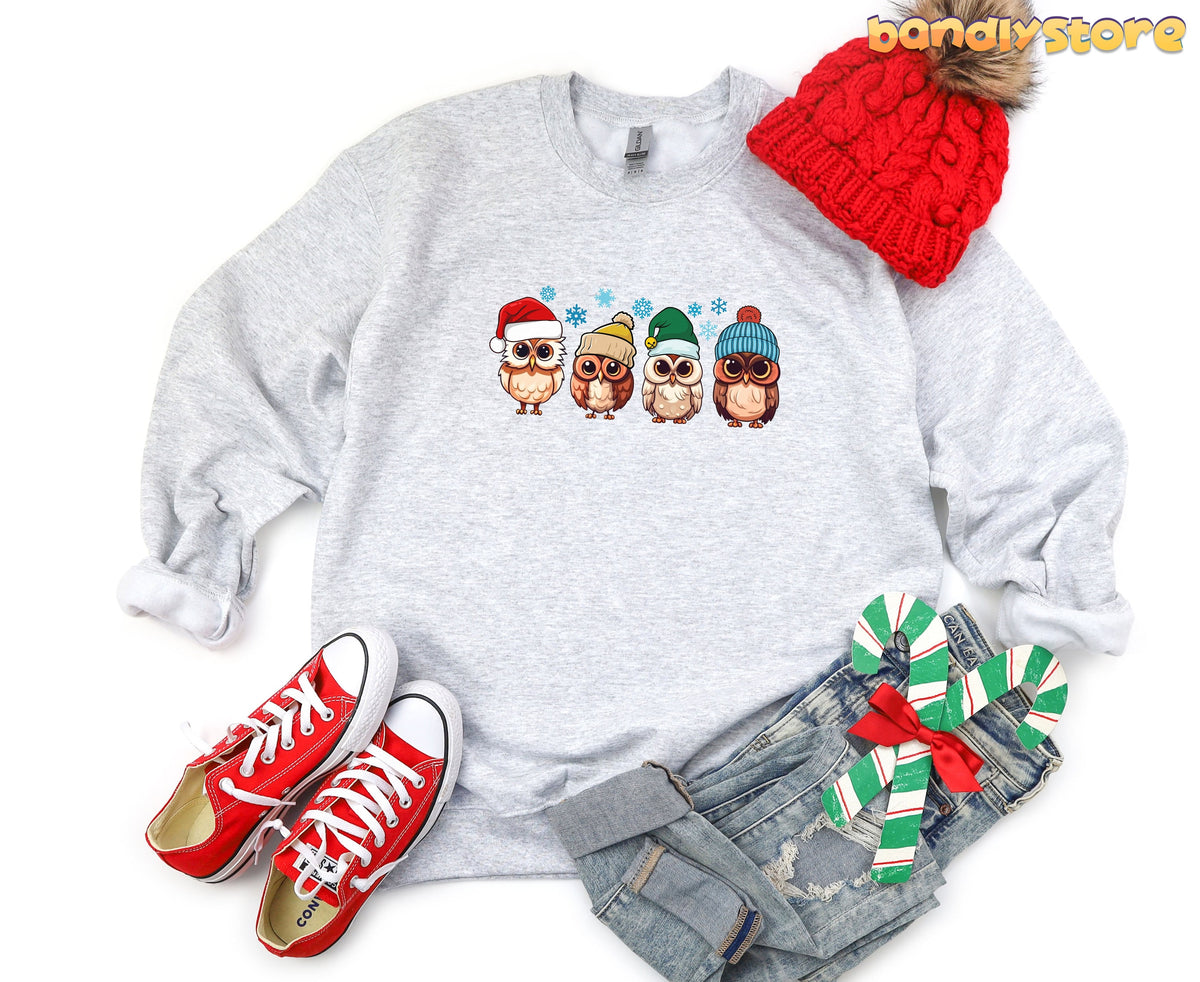 Cute Christmas Owl Sweatshirt in ash flat-laid from above with red beanie, red sneakers, jeans and candy canes.