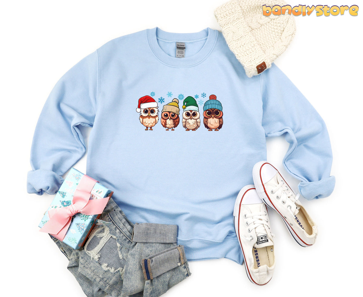 Cute Christmas Owl Sweatshirt in light blue laid flat with beanie, jeans, sneakers and gift around it.