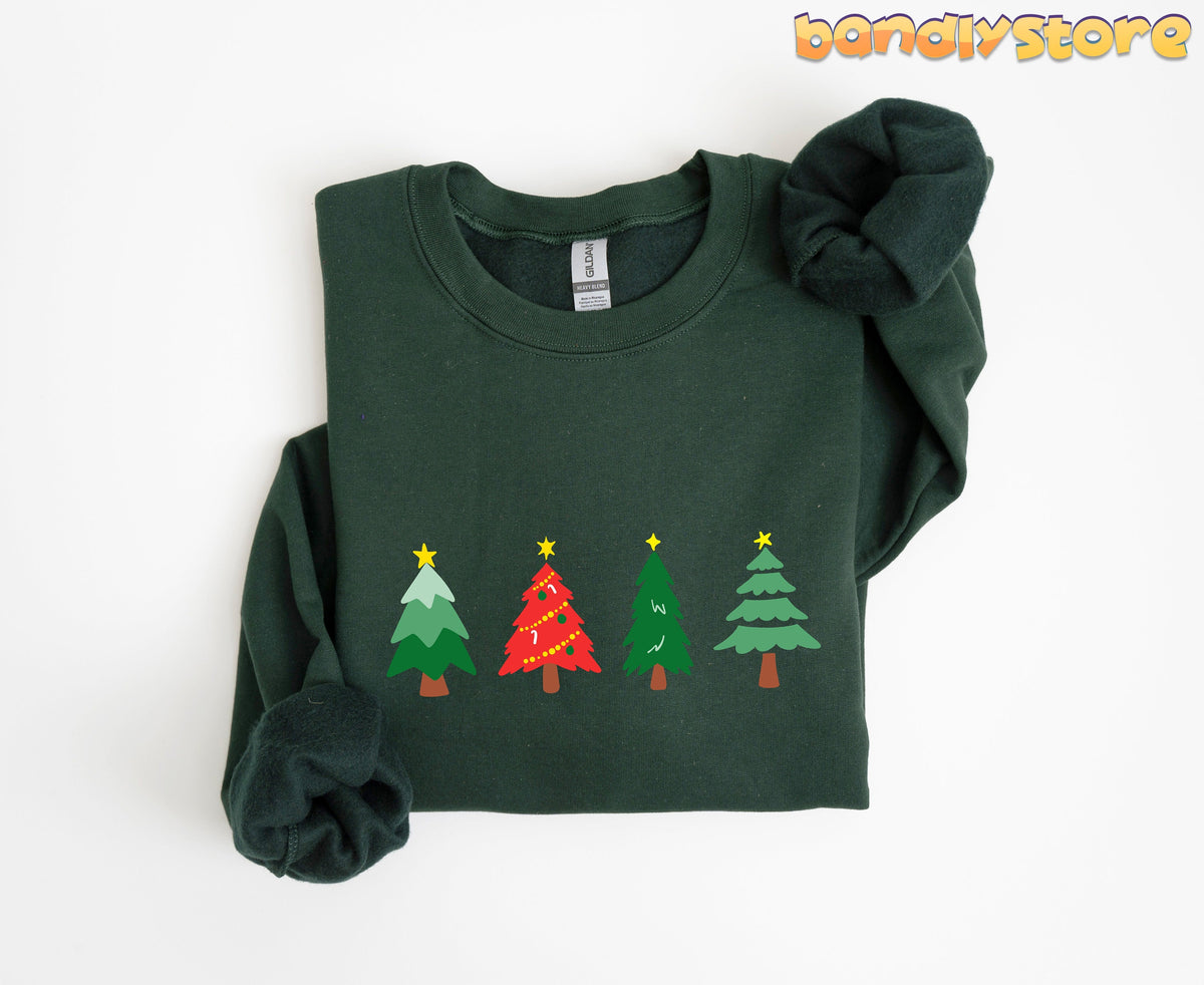 Oh Christmas Tree Sweatshirt in forest green folded flat on a white background with four Christmas trees.
