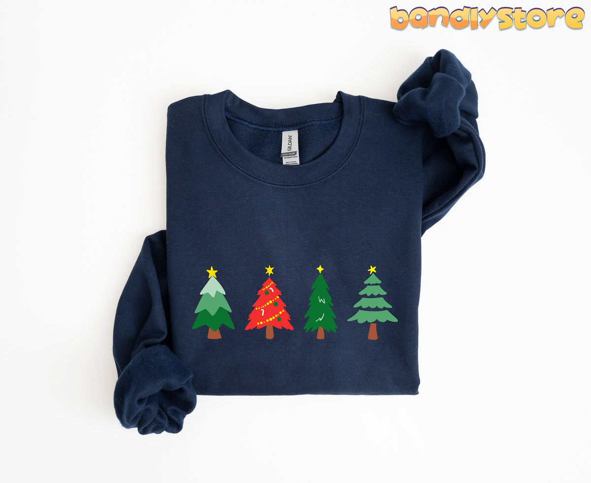 Oh Christmas Tree Sweatshirt in navy folded flat on white background with four Christmas trees across the front.