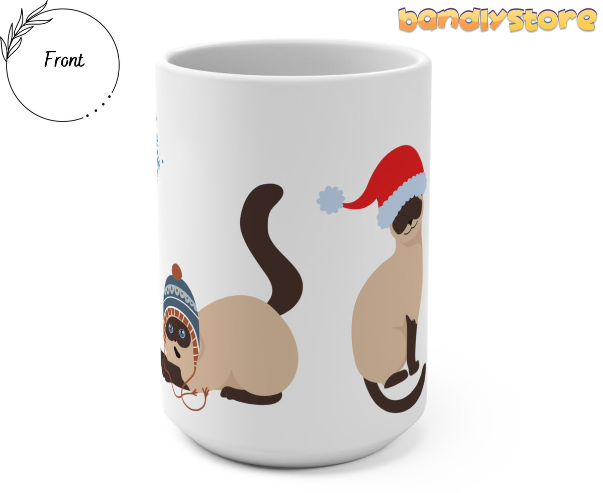 Christmas Siamese Cat Mug shown at an angle on a plain background beside a Front label.