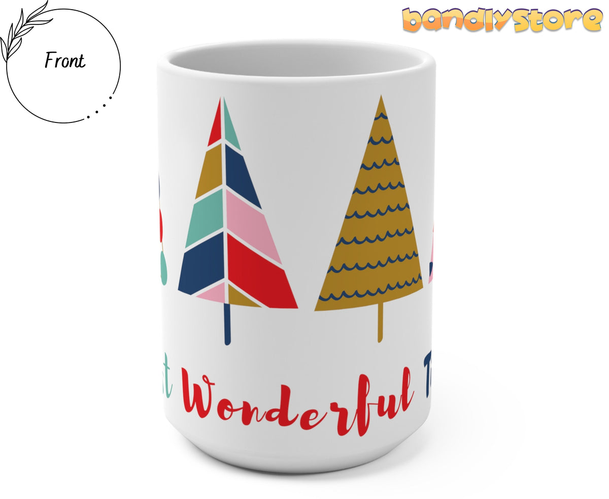 Most Wonderful Time Christmas Trees Mug front view on plain white background.