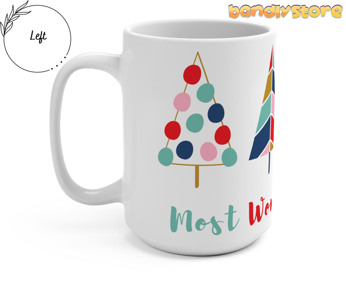 Most Wonderful Time Christmas Trees Mug angled on white background with handle left beside Left circle.