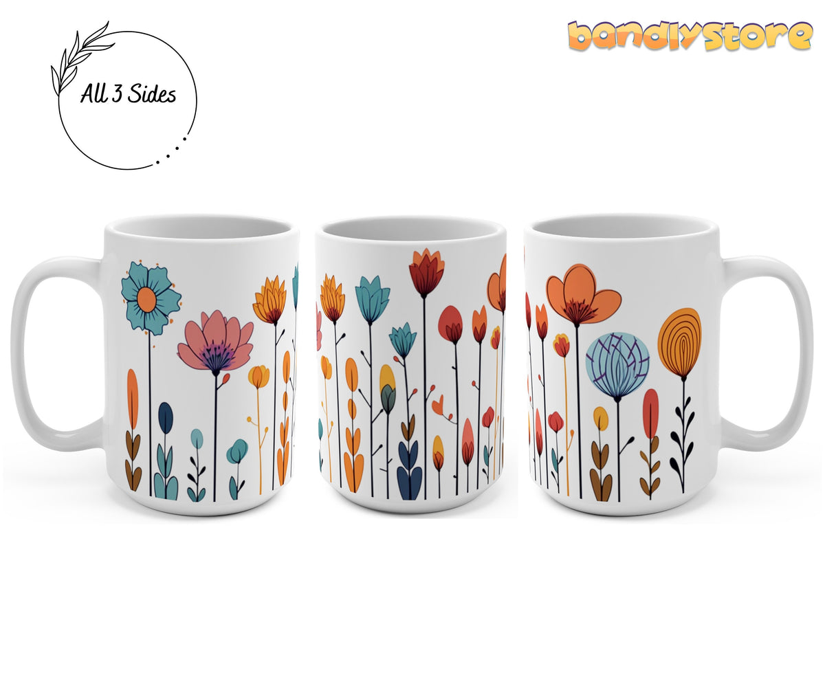 Colorful Doodle Wildflowers Mug 15oz shown in three side views on a plain white background.