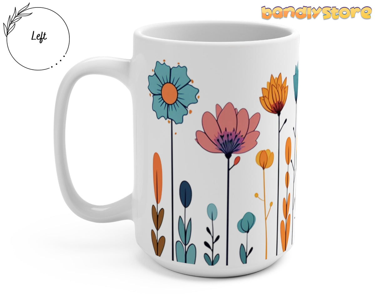 Colorful Doodle Wildflowers Mug shown left-side angle on plain white, handle left, floral print visible.