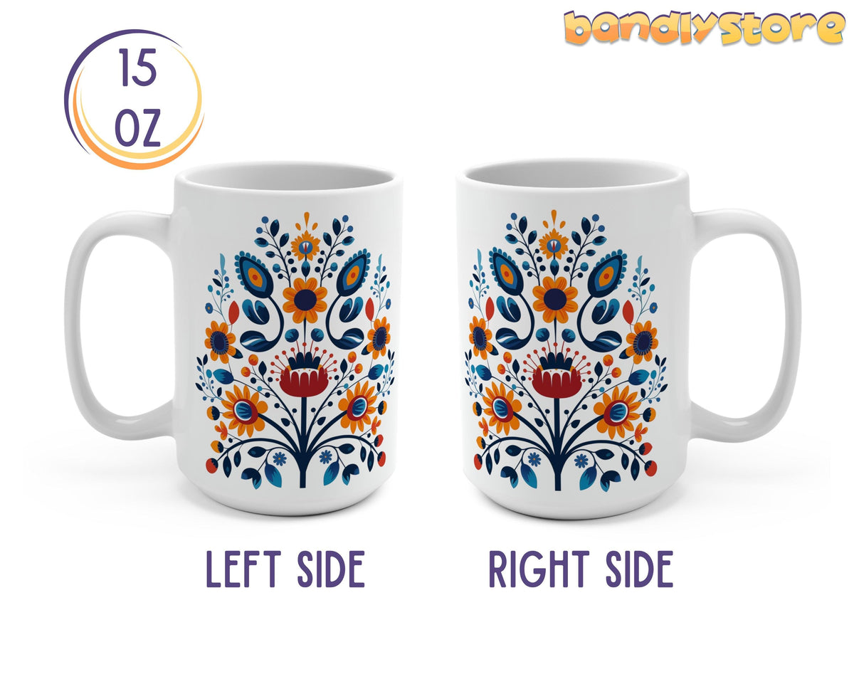 Colorful Floral Mug 15oz shown in left and right side views on a plain white background.