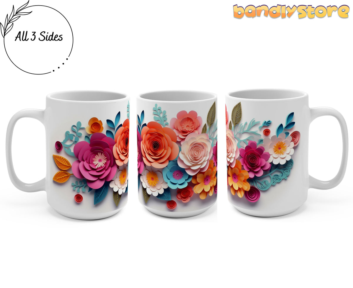Colorful Floral 3D Paper Art Mug shown from three angles against a white backdrop, 15oz.