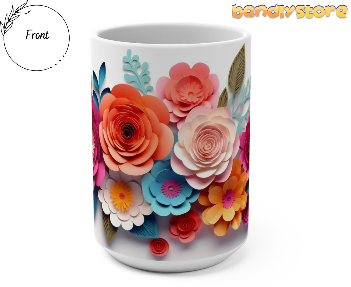 Colorful Floral 3D Paper Art Mug shown from the front on a plain white background.