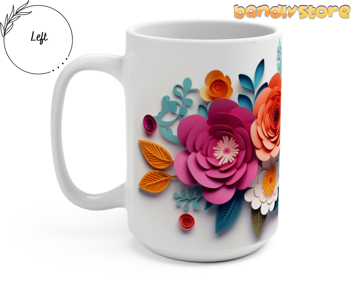 Colorful Floral 3D Paper Art Mug shown from the left on plain background beside Left label and bandlystore logo.