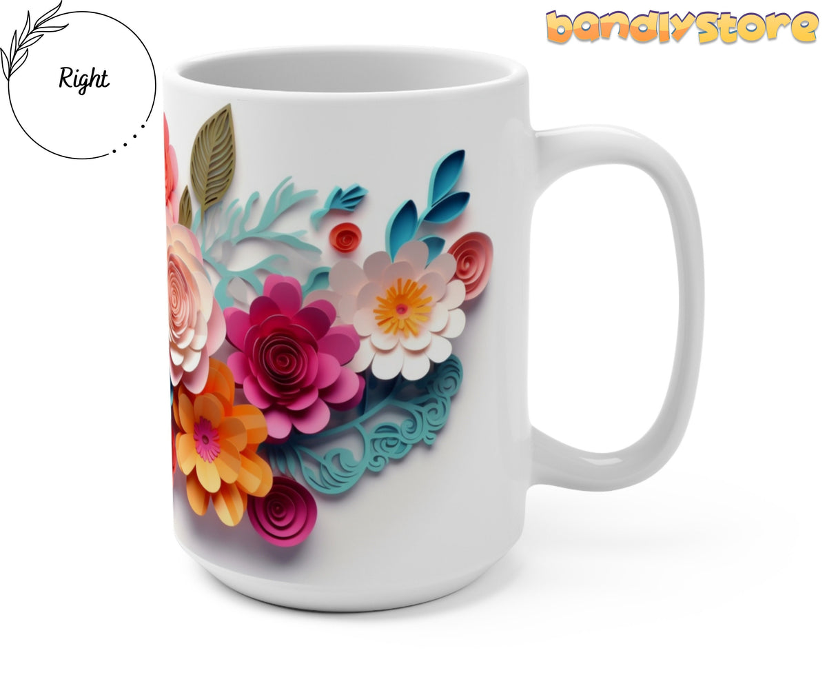 Colorful Floral 3D Paper Art Mug on plain white background, angled with handle on the right.