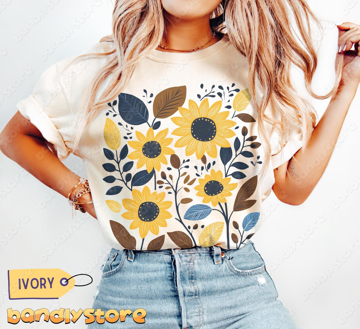 Cottagecore Sunflower T-Shirt in ivory on a model, front torso view with jeans against plain backdrop.