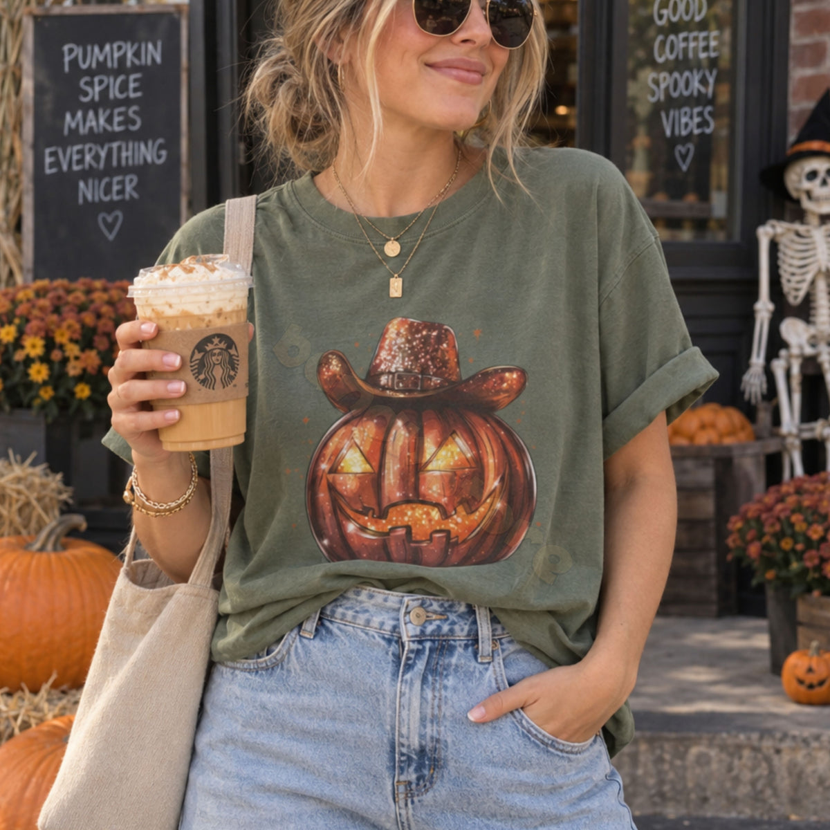 Cowboy Jack-O-Lantern T-Shirt in moss on woman holding coffee outdoors amid pumpkins and skeleton.