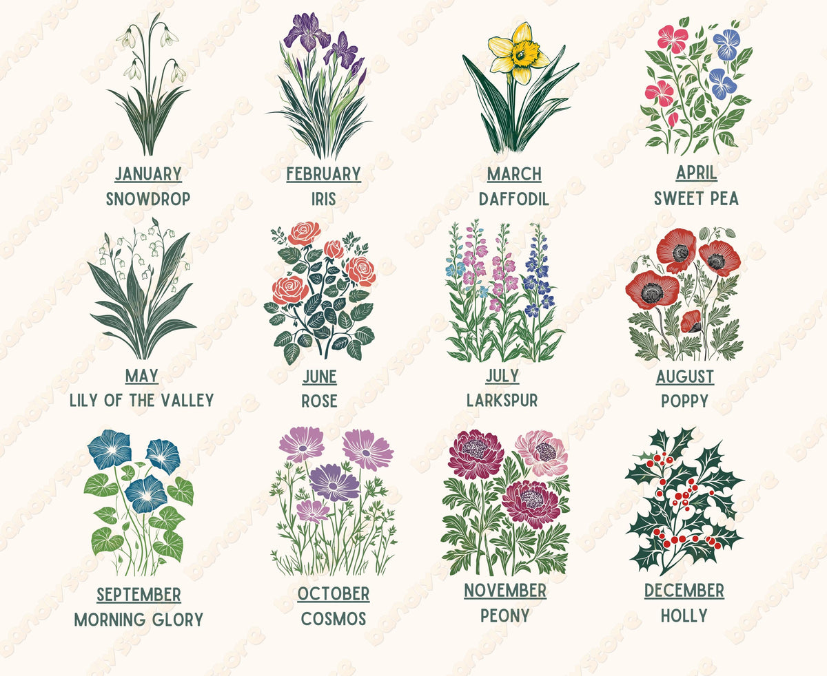 Custom Birth Month Flower T-Shirt flat lay of monthly flower illustrations from snowdrop to holly on plain backdrop.