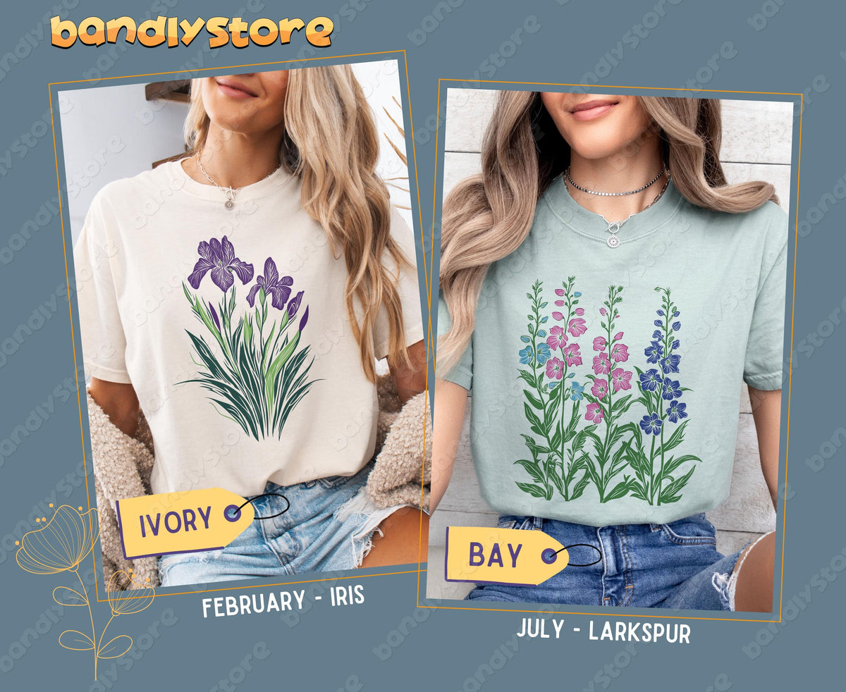 Custom Birth Month Flower T-Shirt in ivory and bay on two models, front torso view indoors with jeans.