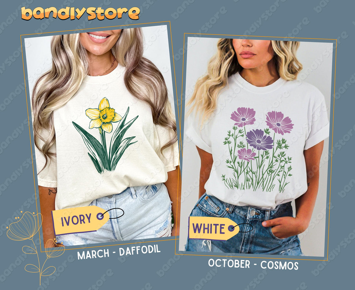Custom Birth Month Flower T-Shirt in ivory and white on two models in ripped jeans, side-by-side frontal view.