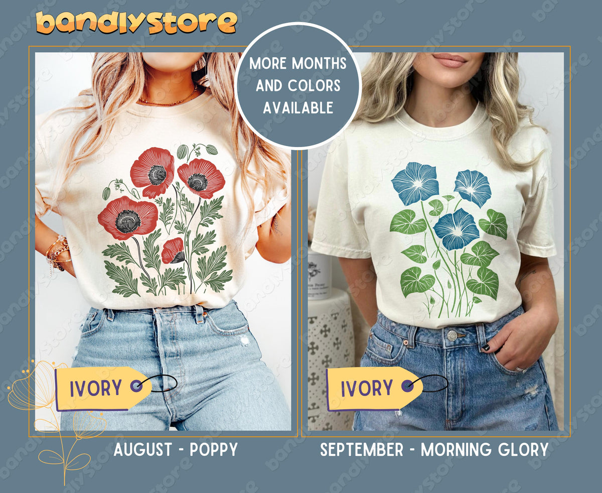 Custom Birth Month Flower T-Shirt in ivory, shown front-on on two models with August poppy and September morning glory prints.