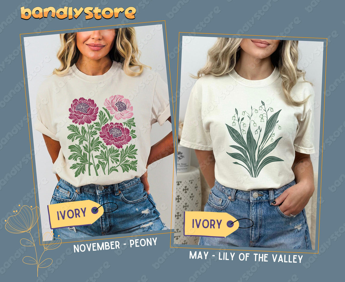 Custom Birth Month Flower T-Shirt in ivory, two framed views of floral peony and lily of the valley designs on models.