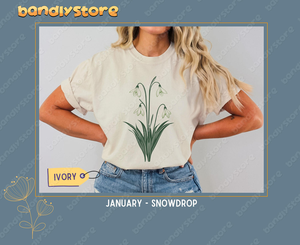Custom Birth Month Flower T-Shirt in ivory on a model facing forward with hands on hips.