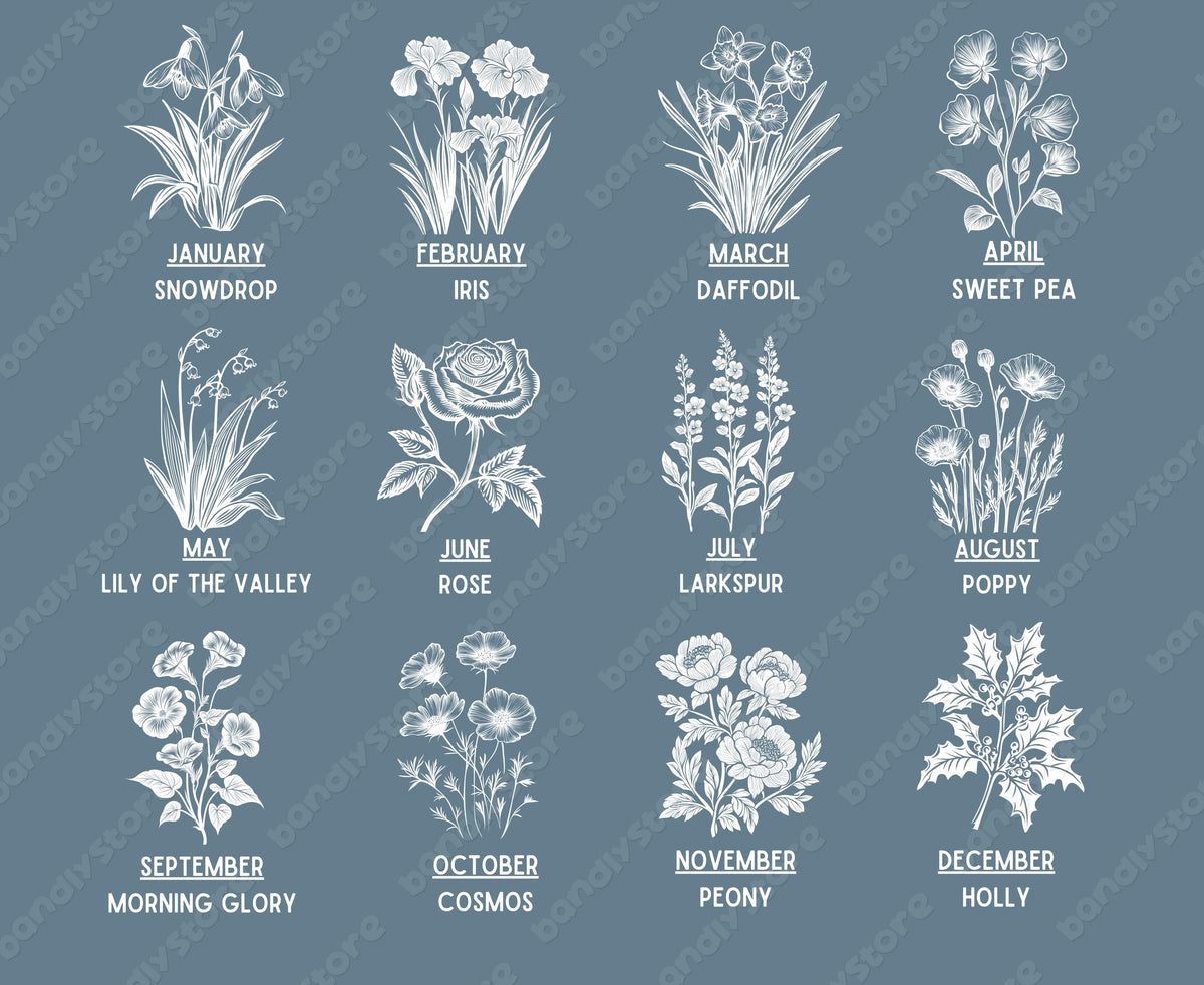 Custom Birth Month Flower T-Shirt flat lay showing a blue chart of twelve white botanical month flowers.