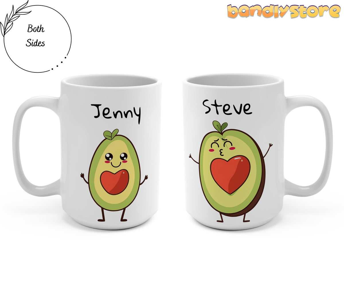 Cute Avocado Couples Mug two white mugs side by side on a plain background in frontal view.